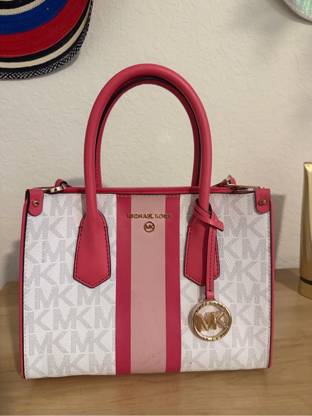 Michael Kors White and Pink Stripe Satchel